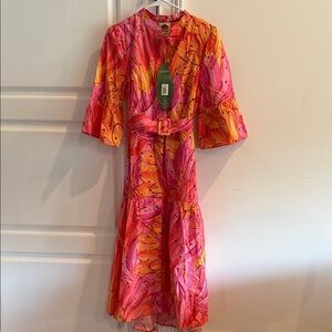 FARM Rio Pink & Orange Floral Midi Dress with Belt